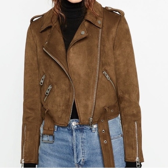 Zara Cropped Suede Effect Moto Biker Zip up Jacket Women brown in colour - Picture 3 of 16